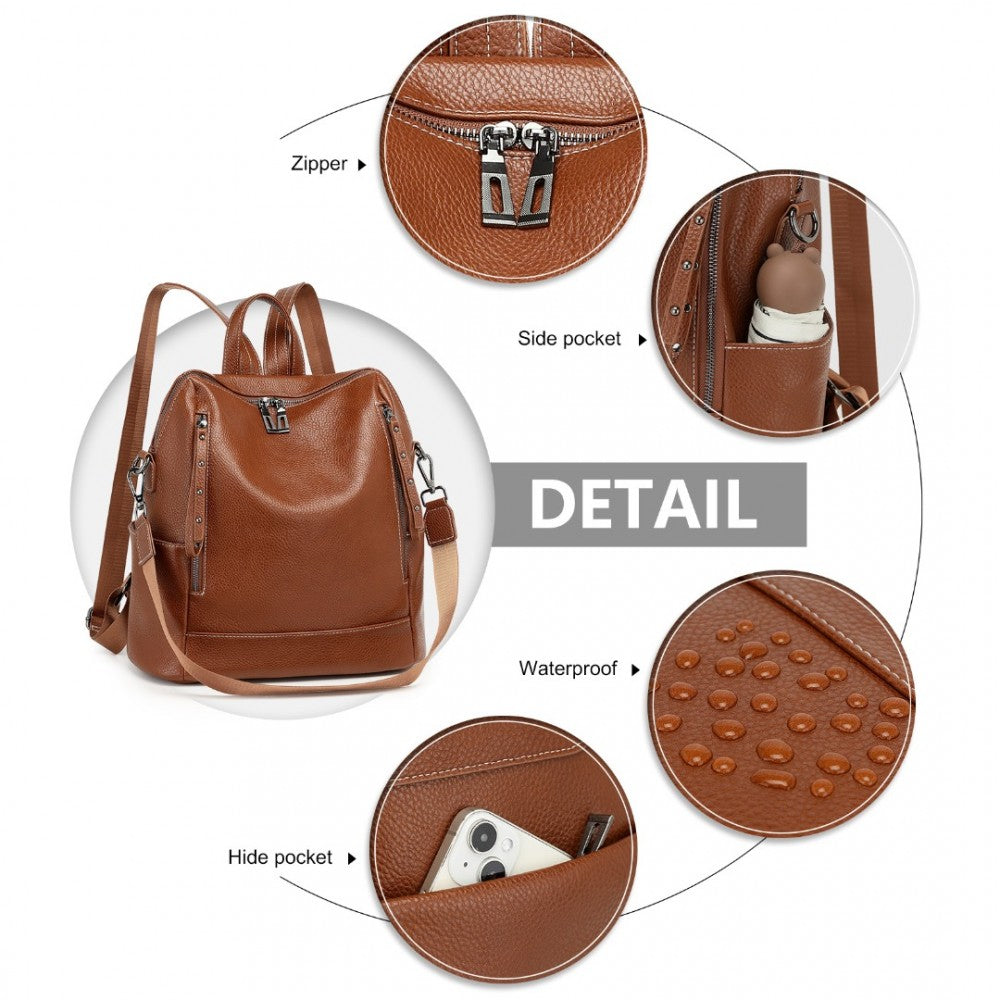BPM2438 - Women's PU Leather Backpack & Shoulder Bag - Brown/Black