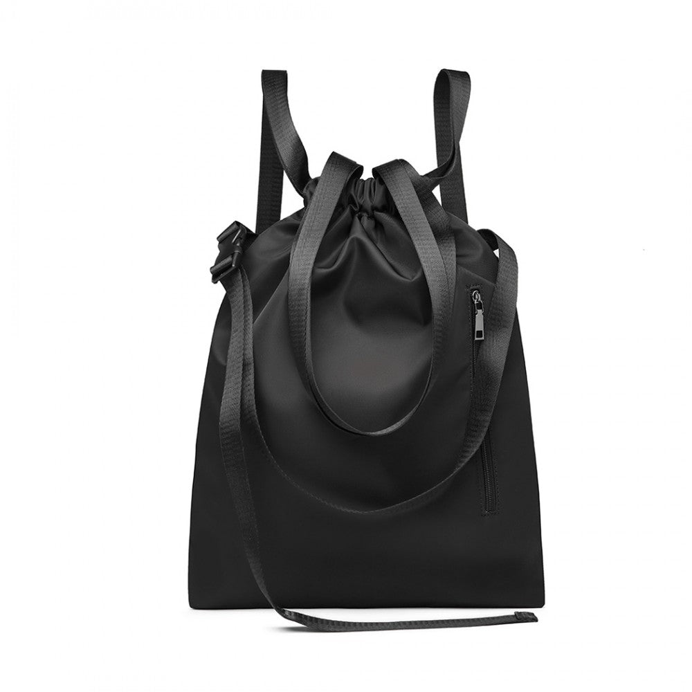 E6912 - Nylon Multi Way Drawstring Backpack Shoulder Bag - Black