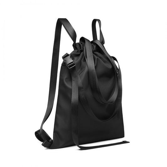 E6912 - Nylon Multi Way Drawstring Backpack Shoulder Bag - Black