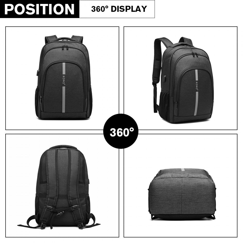 E1972 - Large Backpack Reflective Stripe USB - Black/Grey