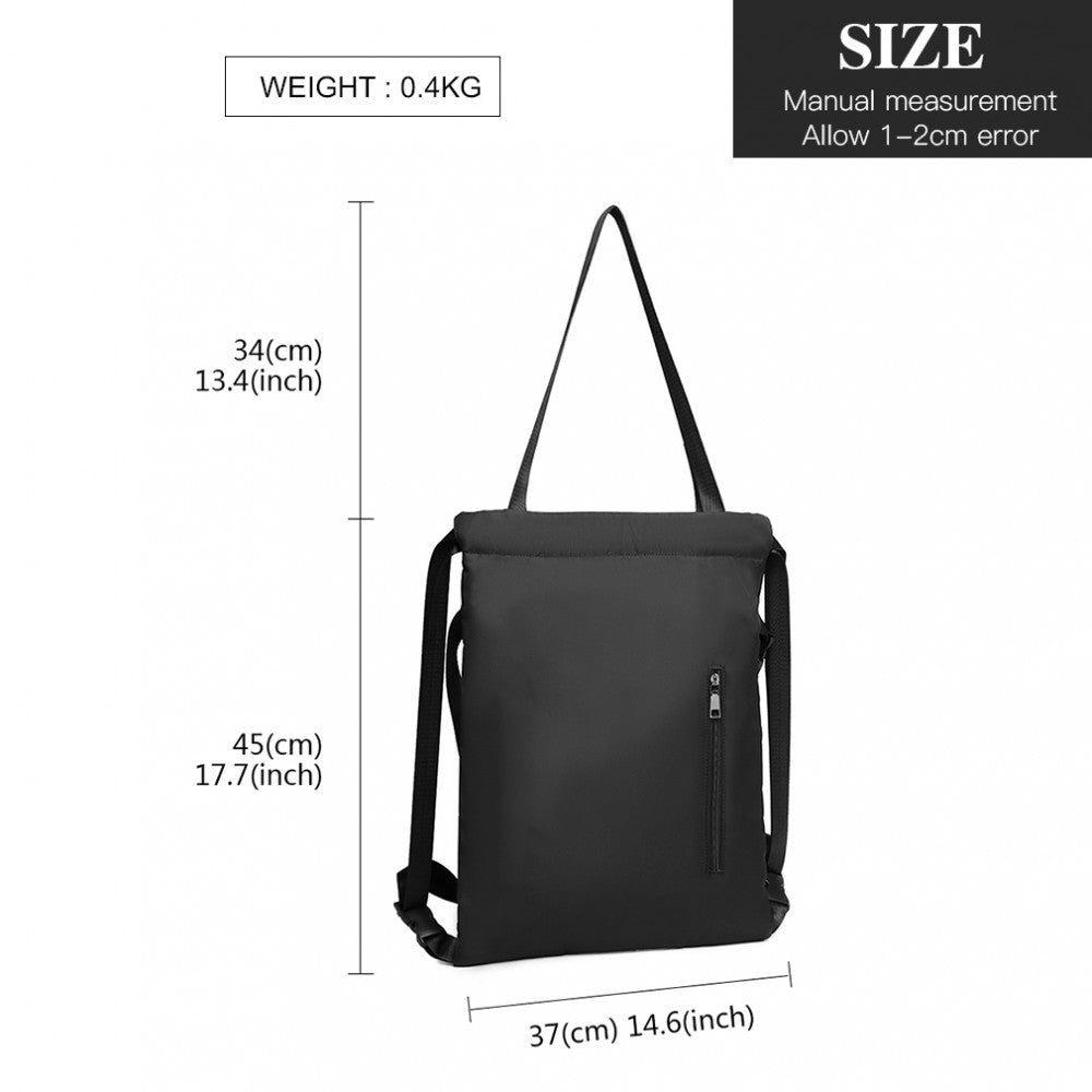 E6912 - Nylon Multi Way Drawstring Backpack Shoulder Bag - Black