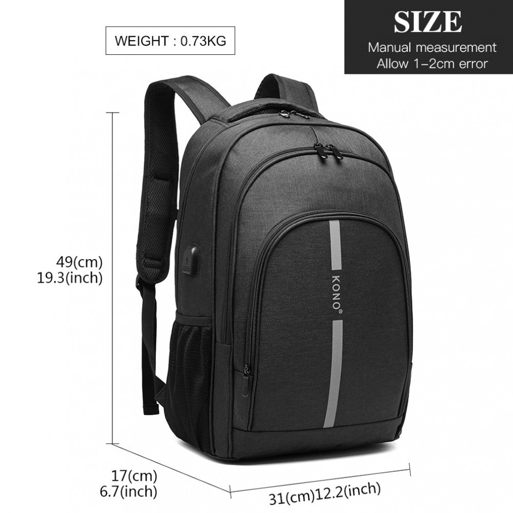 E1972 - Large Backpack Reflective Stripe USB - Black/Grey