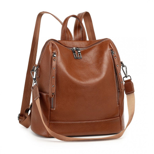 BPM2438 - Women's PU Leather Backpack & Shoulder Bag - Brown/Black