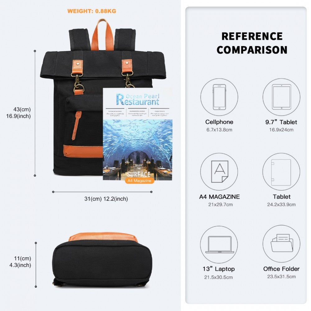 EB2303 - Large Capacity Canvas Casual Travel Backpack - Black