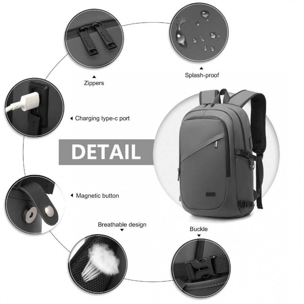 EM2349 - PVC Coated Waterproof Backpack USB - Black/Grey