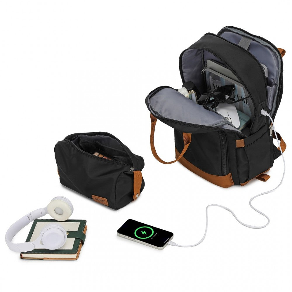 EQ2401 - Multi-Compartment Backpack USB Set - Black/White
